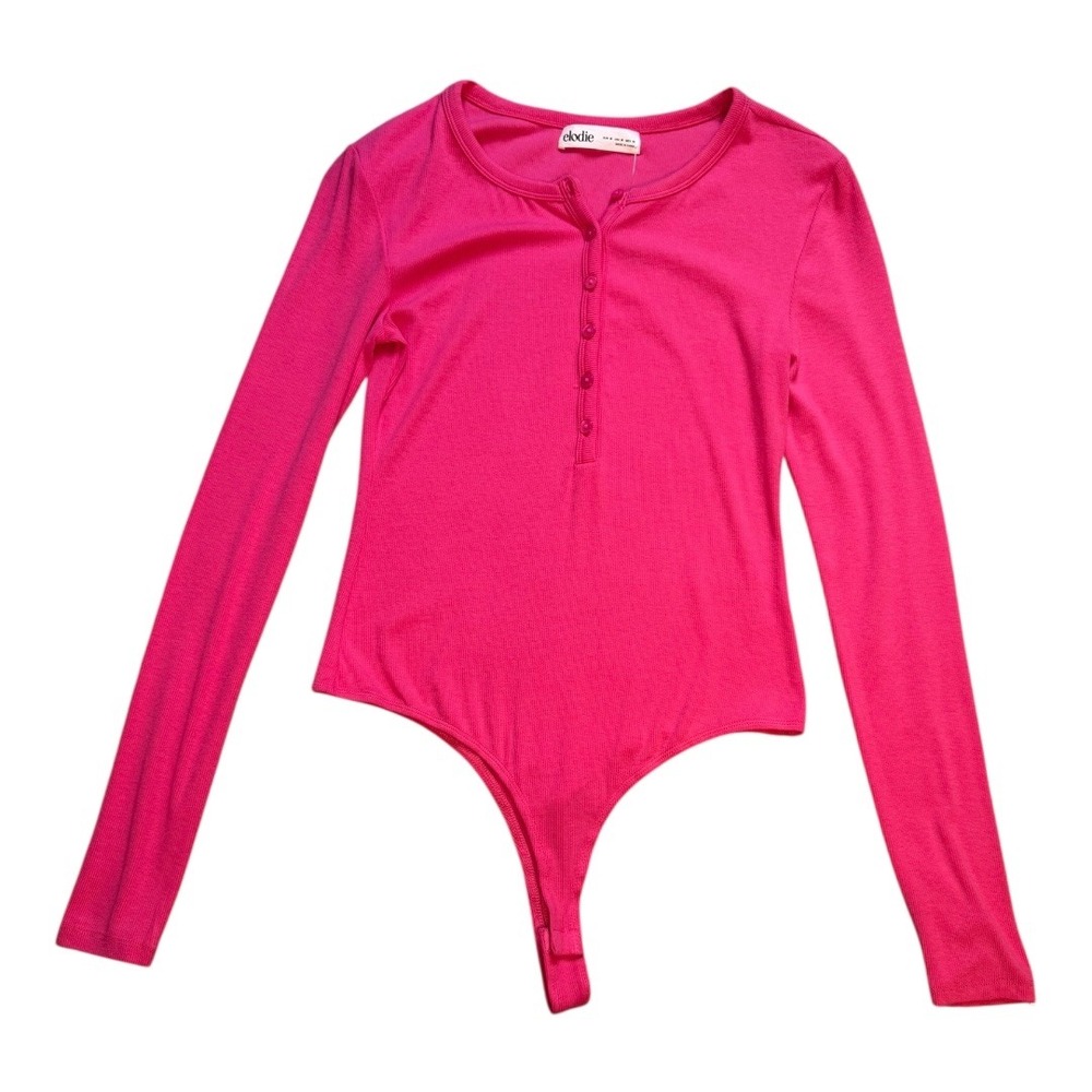 Elodie Nordstrom‎ Rack Pink Ribbed Long Sleeve Thong Bodysuit Size Small NWT